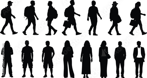 Walking people silhouettes collection, male and female human figures with backpacks bags poses, urban lifestyle motion, black isolated design