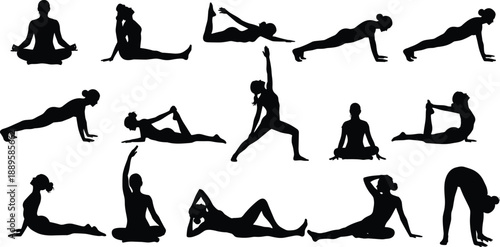 Yoga exercise silhouettes, woman fitness poses collection, stretching workout training, wellness meditation practice, black female body isolated vector set