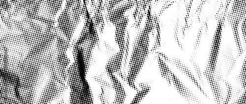 Aged halftone wrinkled foil overlay. Dotted crumpled metallic texture. Grainy cartoon gritty paper wallpaper. Old rough creased bitmap background. Pixel creasy surface in comic pop art style. Vector