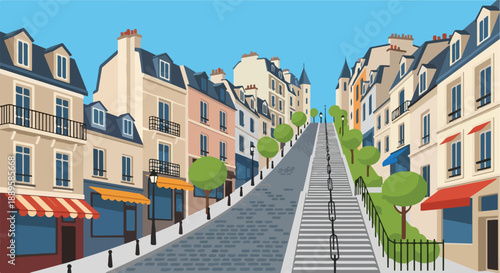 Charming illustration of an uphill European street, lined with classic buildings, quaint shops, and elegant stairs under a bright sky