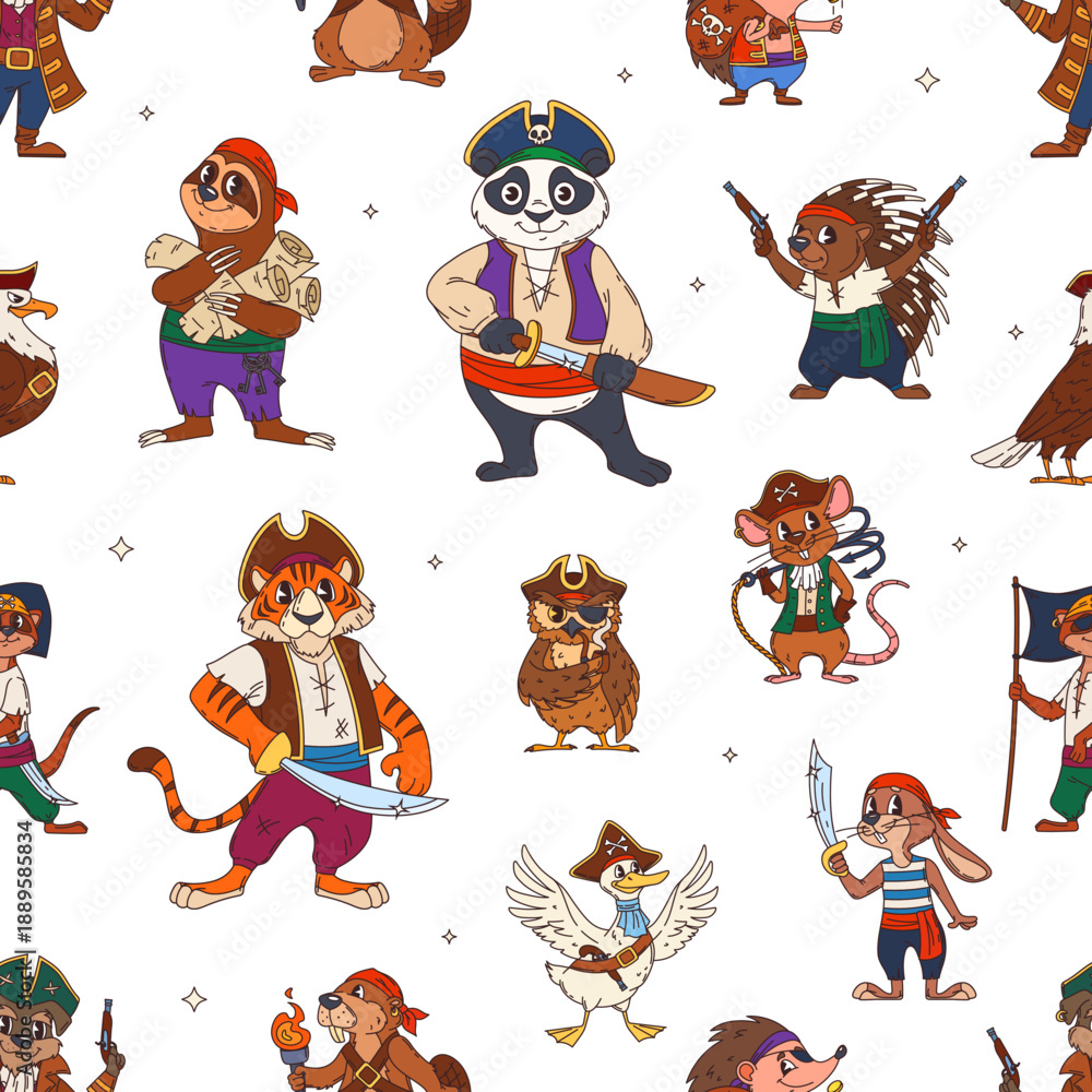 Fototapeta premium Cartoon funny animal pirate crew characters seamless pattern with porcupine, sloth with treasure maps, owl with smoking pipe, seagull, tiger and bunny with sword, hedgehog and mouse personages