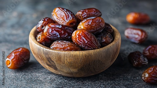 A bowl of plump, glossy dates on a dark surface