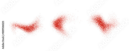 Red pepper powder splashes set. Mexican seasoning particles burst. Paprika dust sand and dirt textured piles. Flying saffron and pink pepper flakes scattered on surface. Dry spicy explosion. Vector