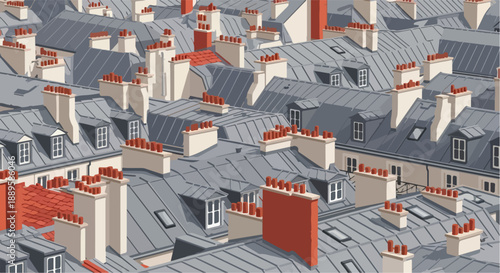 A charming, artistic illustration depicting a dense collection of Parisian rooftops with numerous chimney pots, rendered in a muted color palette with pops of red