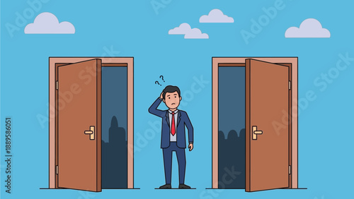 A cartoon businessman stands confused between two open doors.