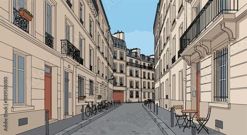 Illustrative Parisian street Charming classic European architecture, cobblestone paths, cafe tables, and bicycles, evoking serene urban allure