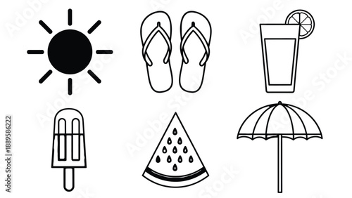 A colorful illustration of summer vacation icons on a white background