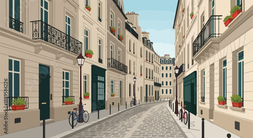 Charming Parisian Street Scene with Classic Architecture, Balconies, and Cobblestone Road, Evoking a Timeless European Urban Atmosphere
