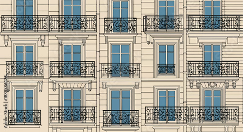 Pattern of Parisian apartment building facades with ornate balconies and windows creating a classic architectural design with a sense of uniformity and elegance