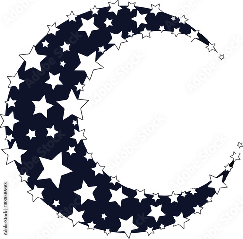 Crescent moon shape filled with navy blue and white stars leaving a large central void