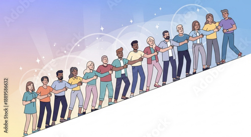 Diverse group of people holding hands in a line on colorful background with gradient sky