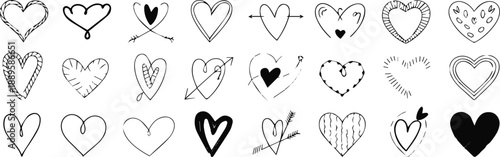 24 hand-drawn hearts with copy space for greeting layout