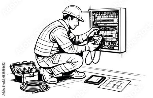 Hand drawn line art illustration of an electrician depicting electrical panel inspection for maintenance services