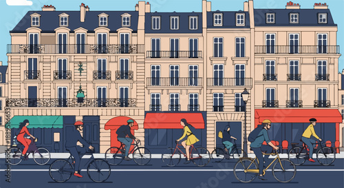 Vibrant city street with cyclists enjoying a healthy urban lifestyle. People ride bikes past charming European architecture, promoting eco-friendly transport