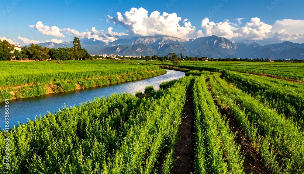 Naklejka premium Serene landscape river through vibrant green fields and mountains