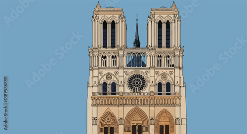 Detailed illustration of a majestic European Gothic cathedral facade showcasing intricate architectural design and historical grandeur against a serene blue sky backdrop