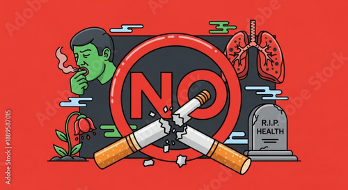 No smoking warning sign with cigarette and health risks illustration