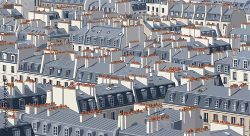 Illustrative panoramic view of a classic European urban roofscape, showcasing countless grey zinc rooftops and intricate chimneys, embodying timeless architectural density