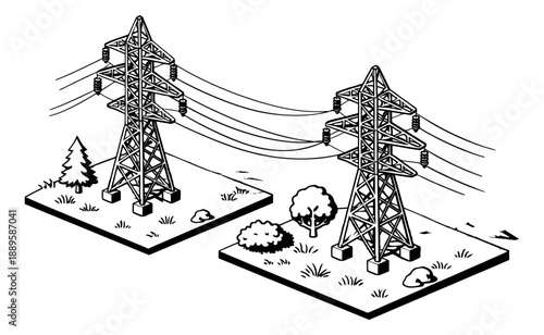 Isometric line art electricity pylon set featuring two power line towers with connecting cables for energy and infrastructure concepts