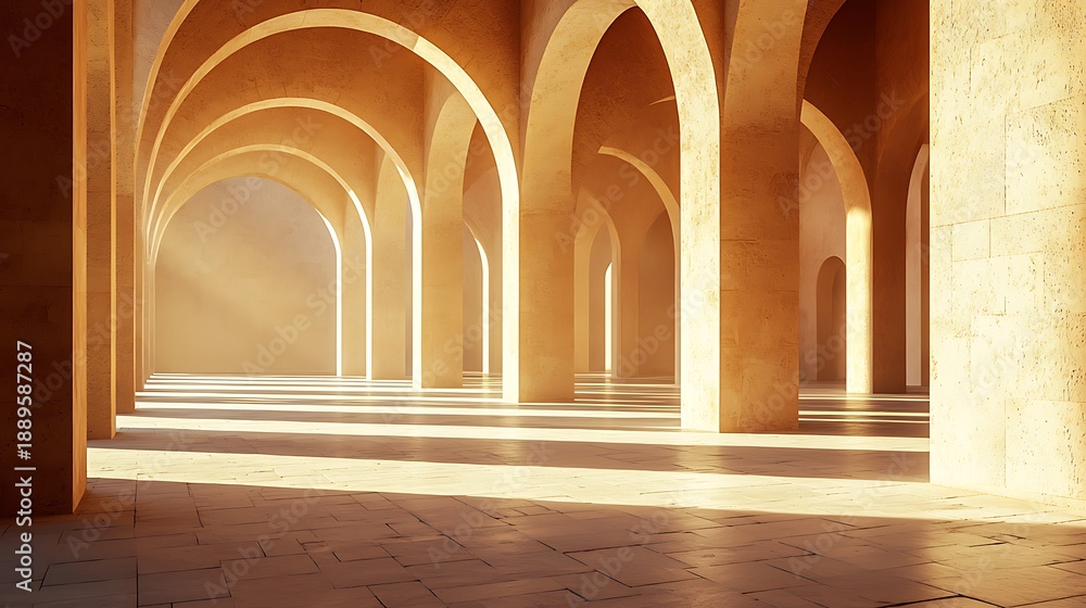 Naklejka premium Sunlit arches in an ancient hallway
