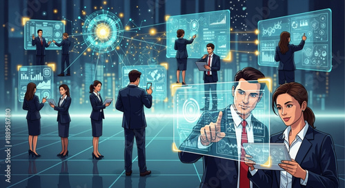 A futuristic illustration of business professionals interacting with holographic data screens and digital interfaces in a high-tech virtual office environment.