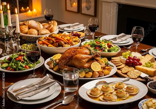 Elaborate holiday dinner featuring roasted poultry and assorted gourmet side dishes set on a wooden table