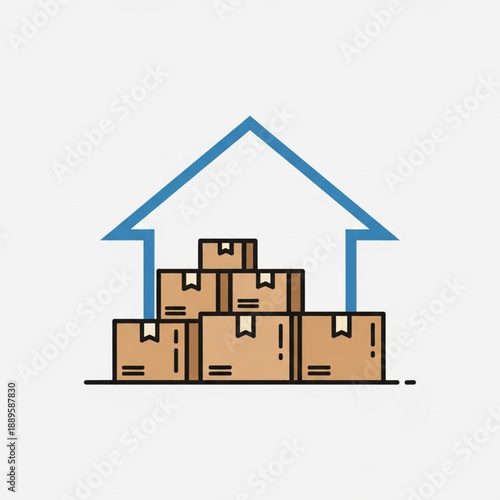 A conceptual vector illustration of cardboard moving boxes stacked inside a blue outline of a house, representing relocation and real estate storage.