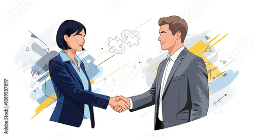 A professional illustration of a man and woman in business attire shaking hands, symbolizing a successful deal or partnership with abstract background elements.