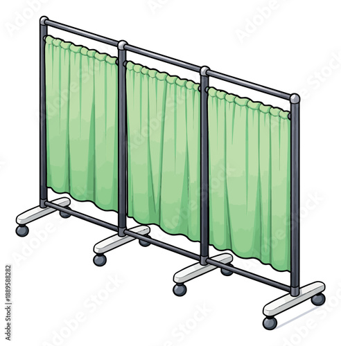 Isometric hand drawn privacy screen set featuring green hospital curtains on wheels for medical environments