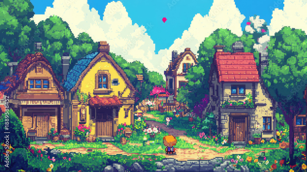 Obraz premium A charming, pixelated village scene, rendered in a picturesque, inviting aesthetic AI Generative