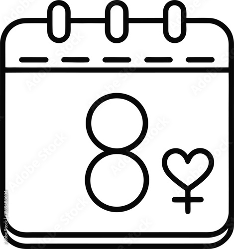 Line-art of calendar page marked “8” with small female symbol and heart, thin black lines