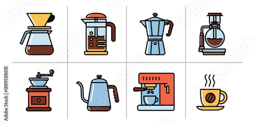 Coffee brewing equipment set illustrations on black background