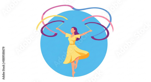 Woman dancing with colorful ribbons in a yellow dress on blue background feeling carefree and joyful illustration for creative concepts