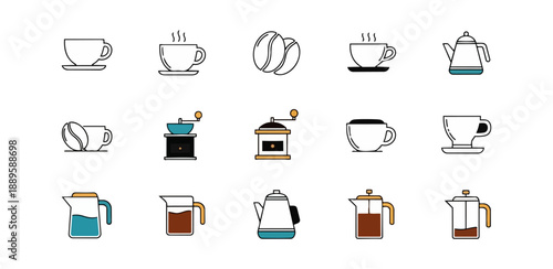 Coffee icon set beverages drink tools illustrated