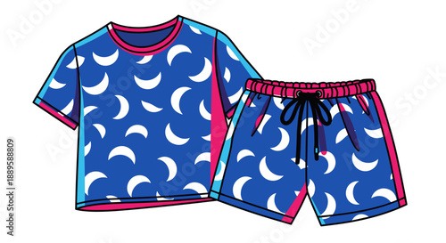 Colorful drawstring pajama set with crescent moon pattern isolated on white background, featuring a short-sleeve top and shorts in vibrant blue and pink hues