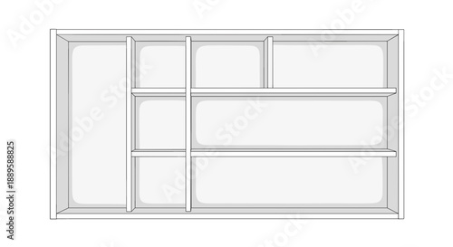 White isolated organizer drawer tray with multiple compartments, top view showcasing minimalist design, ideal for storage and organization