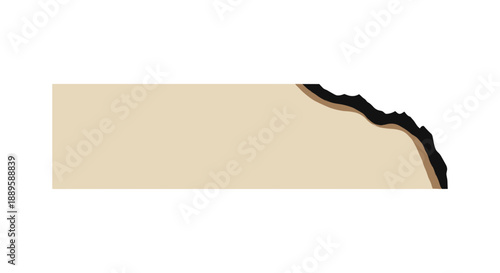 Burned paper strip with charred edges isolated on a stark white background, showcasing a minimalist design