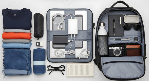 Top view of travel essentials including a backpack, laptop, camera, power bank, and folded shirts