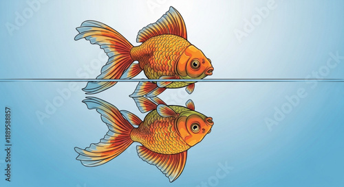 Vibrant orange goldfish swimming near water surface with reflection in calm blue water