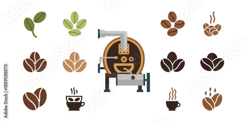 Coffee roasting illustration with beans and cups