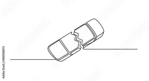 Illustration of a broken eraser with jagged edges isolated on a white background, showcasing a minimalistic design with clean lines and ample copy space