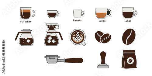 Coffee variety and equipment set illustration isolated on black
