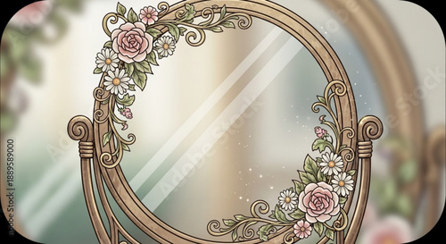 Vintage ornate mirror with floral design and pink roses reflecting light in elegant interior setting