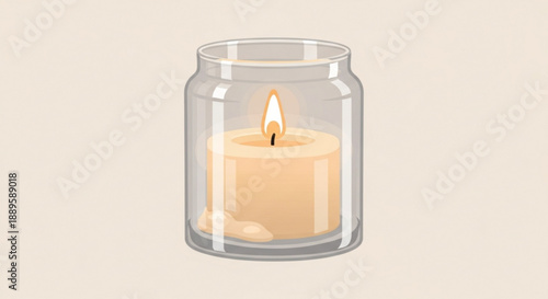 Warm beige candle in a clear glass jar with a soft flame on a neutral beige background