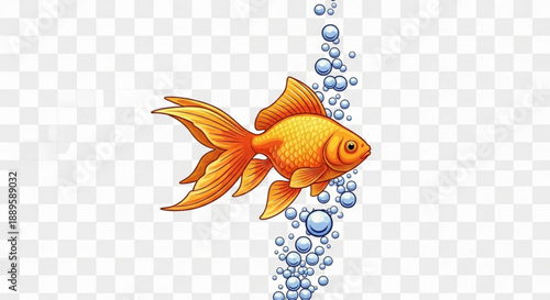 Vibrant orange goldfish swimming with rising bubbles isolated on transparent background