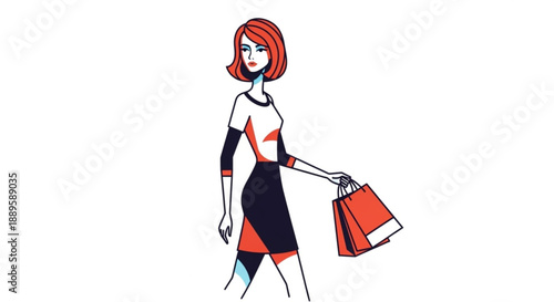 Woman with short red hair holding shopping bags dressed in black and orange outfit standing confidently