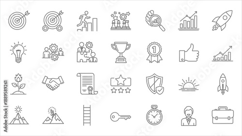 A comprehensive collection of 36 Success and Growth line icons, including awards, trophies, creativity, problem-solving, and editable stroke vectors.eps