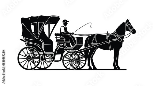 A horse-drawn carriage with a driver in a classic black and white illustration