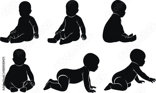 Baby silhouette poses, crawling and sitting positions, infant development stages, black vector, child motion study, cad drawing flat vector illustration