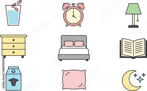 Hand drawn bedtime routine icons set with sleep elements, alarm clock, bed, lamp, book, milk, and night symbols